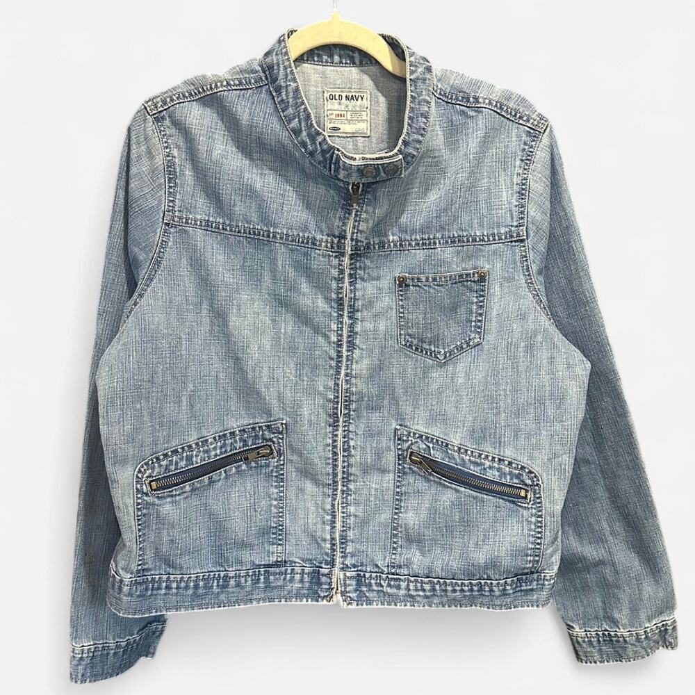Vintage Old Navy 90s Minimalist French Chic Zip Up Denim Jacket - Picture 2 of 8